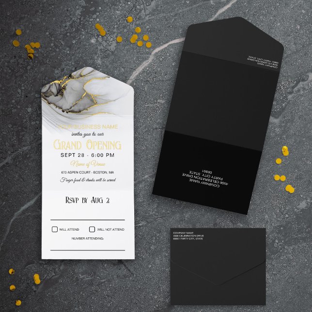 Tout En Un Invitation Luxe Gold Grey Marbre blanc Business Grand Ouvertu (Créateur téléchargé)