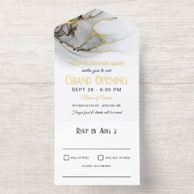 Tout En Un Invitation Luxe Gold Grey Marbre blanc Business Grand Ouvertu (Intérieur)