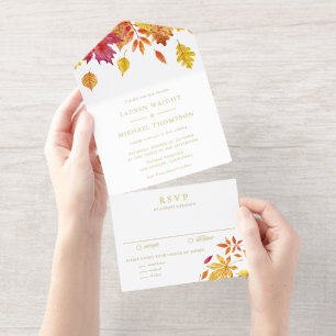Tout En Un Invitation Mariage automnal à l'aquarelle avec feuilles tomba