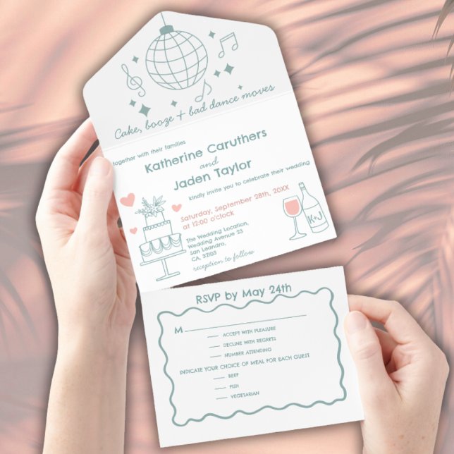 Tout En Un Invitation Mariage bleu de style gribouillis fantaisiste (Whimsical doodle wedding invitation)