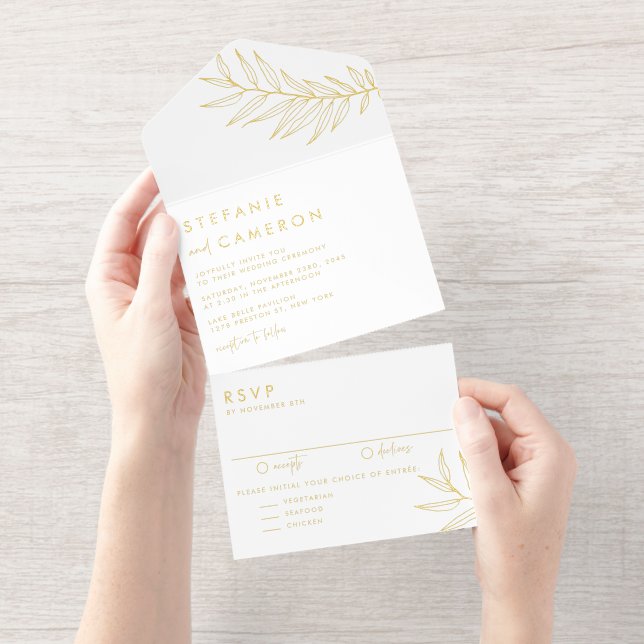 Tout En Un Invitation Mariage Bohème Noir Minimaliste Feuillage (Détachable)