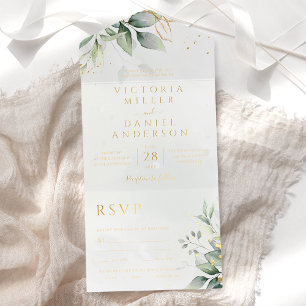 Tout En Un Invitation Mariage botanique feuilles d'eucalyptus or
