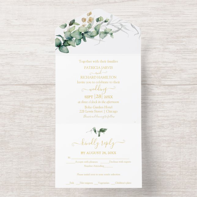 Tout En Un Invitation Mariage Calligraphie Eucalyptus Végétal Rustique (Intérieur)