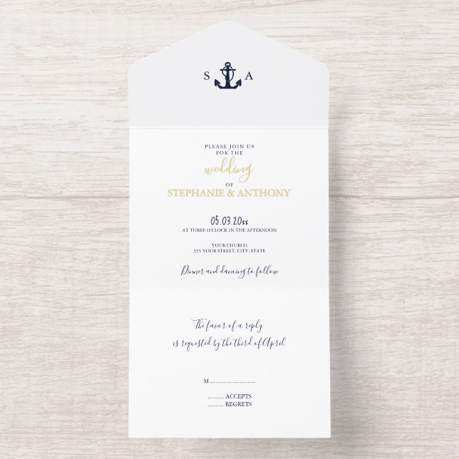 Tout En Un Invitation Mariage d'Ancre bleu marine Monogram (Intérieur)