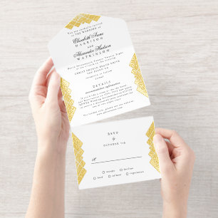 Tout En Un Invitation Mariage de déco noir blanc d'antiquité or