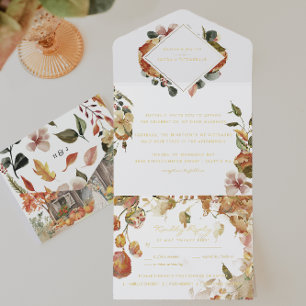 Tout En Un Invitation Mariage de grange automnal floral rustique   Feuil