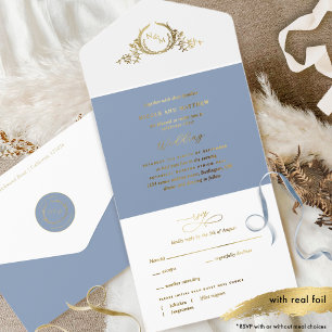 Tout En Un Invitation Mariage de monogramme Dusty Blue et Real Gold Foil