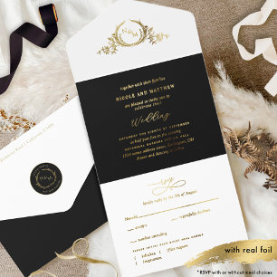 Tout En Un Invitation Mariage de monogramme élégant Black and Real Gold 