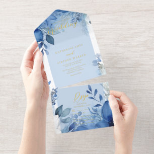 Tout En Un Invitation Mariage Floral Bleu Maximaliste Élégant