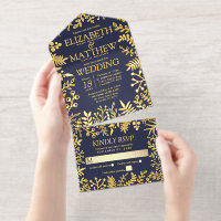 Mariage floral habillé en bleu marine et en or rée
