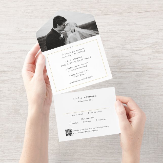 Tout En Un Invitation Mariage moderne avec code QR Monogramme intemporel (Détachable)