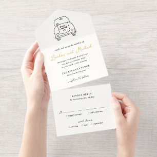 Tout En Un Invitation Mariage Moderne Doodle Dessiné à la Main de Voitur