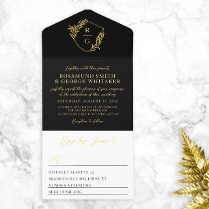 Tout En Un Invitation Mariage Monogramme Bouclier Orné de Feuille d'Or N