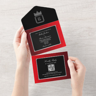 Tout En Un Invitation Mariage Monogramme Noir Rouge Argent Mo