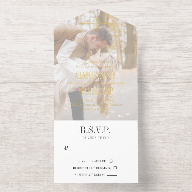 Tout En Un Invitation Mariage Monogramme Photo Grand Texte Charbon & Or (Intérieur)