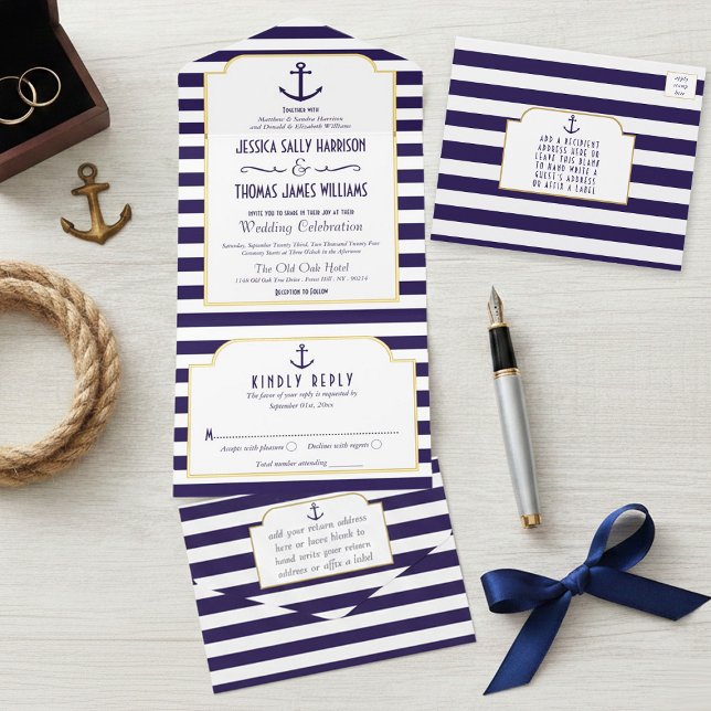 Tout En Un Invitation Mariage Navy & Ancre à rayure blanche (Créateur téléchargé)