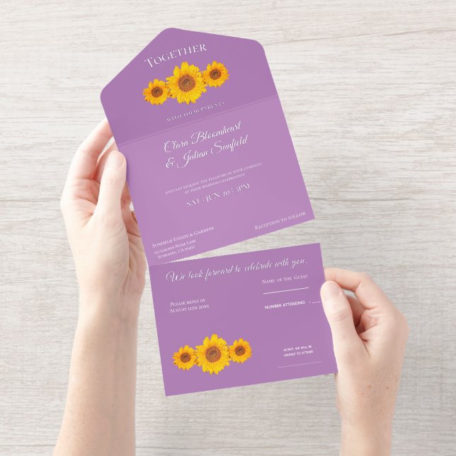 Tout En Un Invitation mariage rustique avec tournesols -  violet  (Détachable)