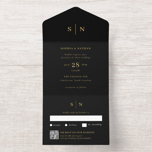 Tout En Un Invitation Minimal and Chic Black | QR Code Wedding Gold Foil (Intérieur)