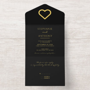 Tout En Un Invitation Minimaliste Coeur noir et or Mariage moderne