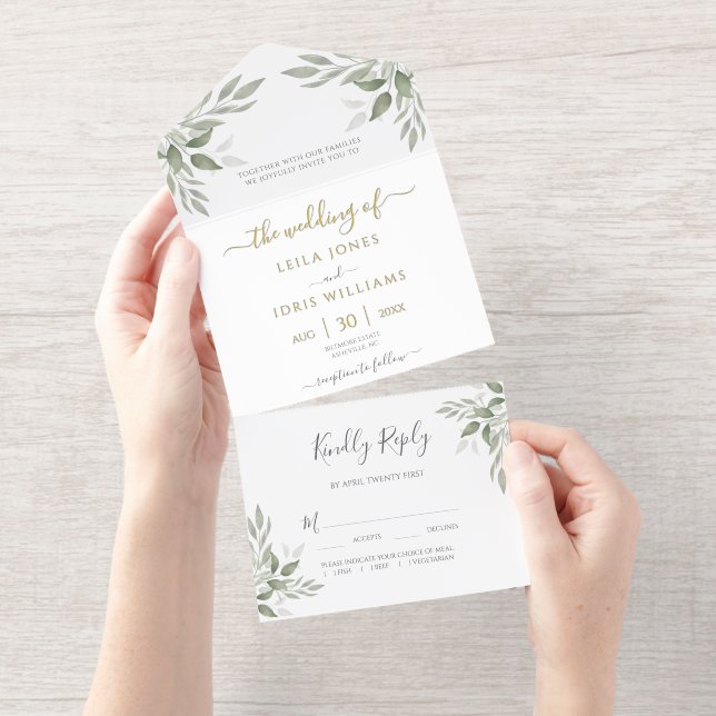 Tout En Un Invitation Modern Sage Greenery Gold Foil (Détachable)