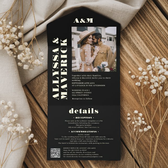 Tout En Un Invitation Moderne élégant photo qr code noir mariage (Modern elegant photo qr code black wedding all in one invitation)