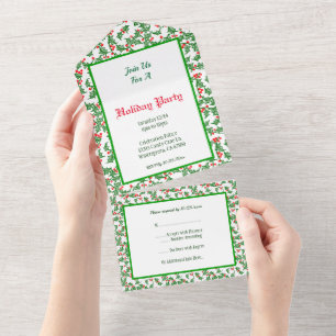 Tout En Un Invitation Modifiable Vert Feuillage Baies Rouges