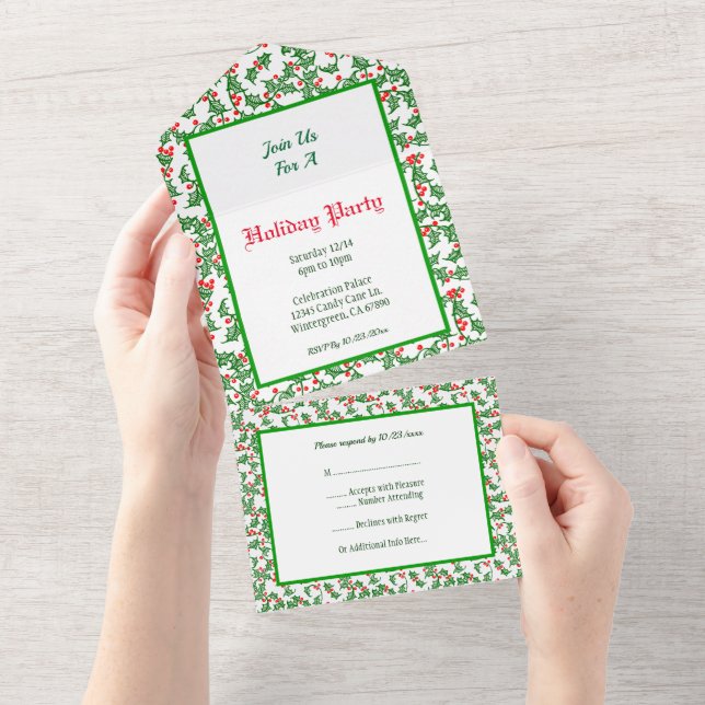 Tout En Un Invitation Modifiable Vert Feuillage Baies Rouges  (Déchirure)