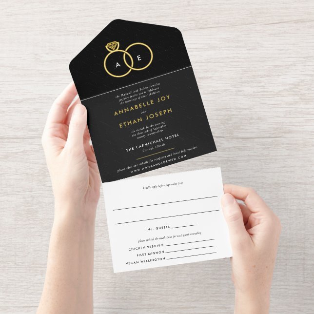 Tout En Un Invitation Monogramme à anneaux d'or moderne Mariage noir et  (Détachable)