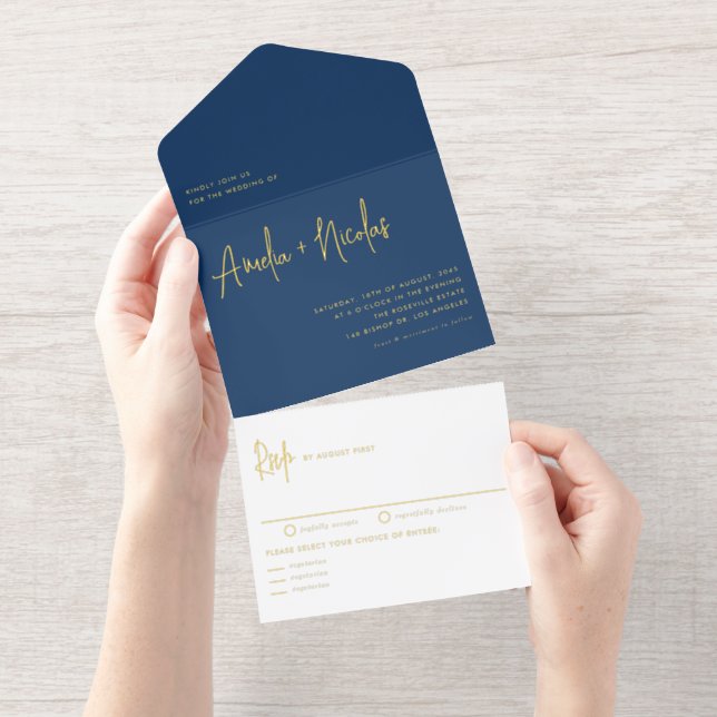 Tout En Un Invitation Navy Blue Handwriting Modern Typography Wedding (Détachable)