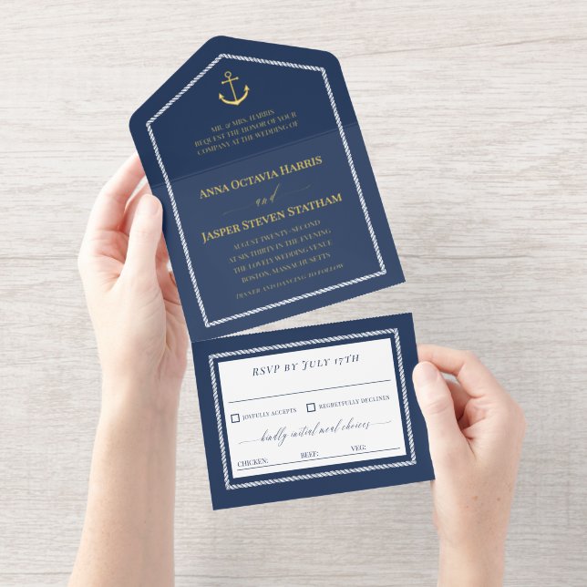 Tout En Un Invitation Navy Gold Anchor Nautical Wedding  (Détachable)