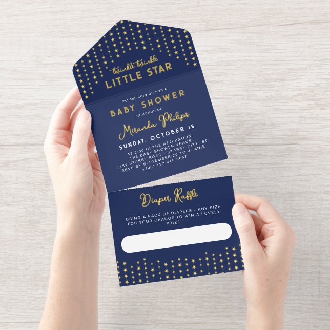 Tout En Un Invitation Navy Gold Little Star Baby Shower Diaper Raffle (Détachable)