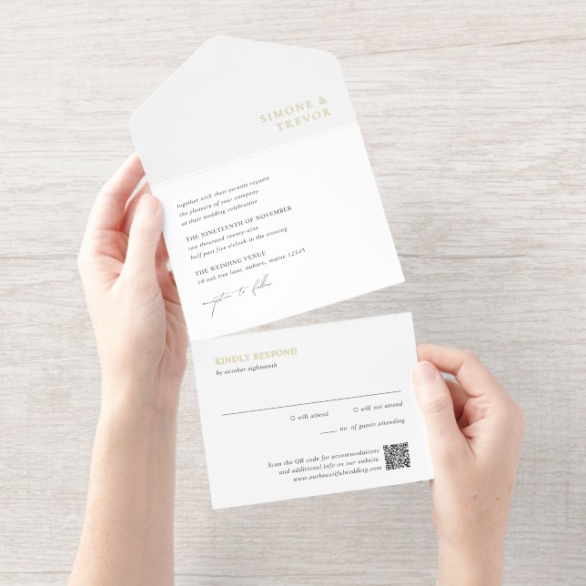 Tout En Un Invitation Nettoyer noir et blanc QR Code moderne Mariage (Détachable)