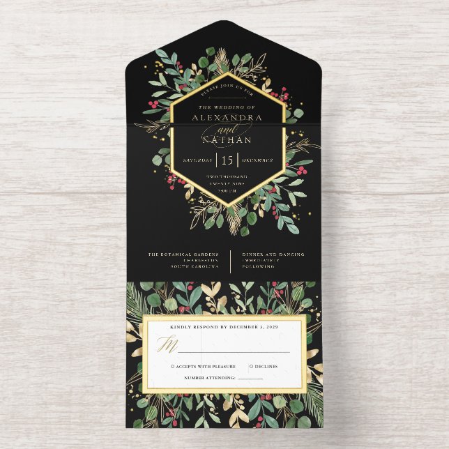 Tout En Un Invitation Noël Vert doré sur Mariage noir | Doré (Intérieur)