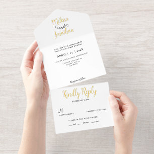 Tout En Un Invitation Noir Blanc Élégant Mariage Gold Foil