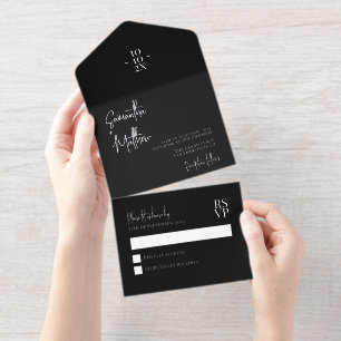 Tout En Un Invitation Noir simple minimaliste moderne Mariage à huile d'