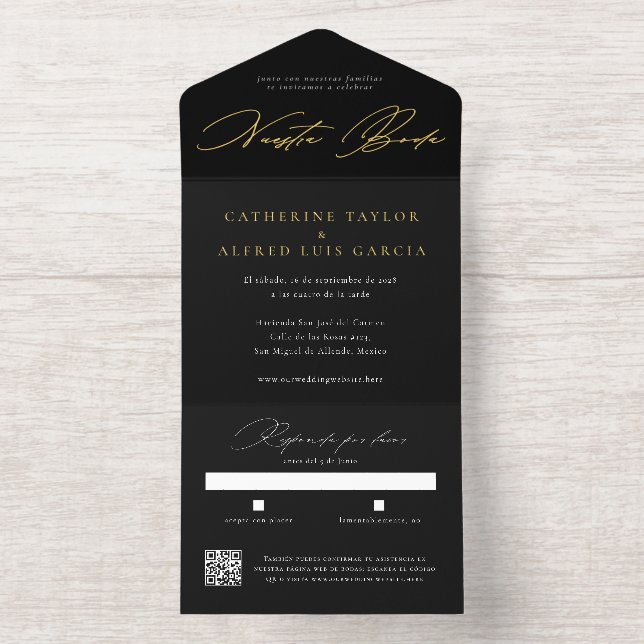 Tout En Un Invitation Notre Mariage Écriture Espagnole Noir Mariage (Intérieur)