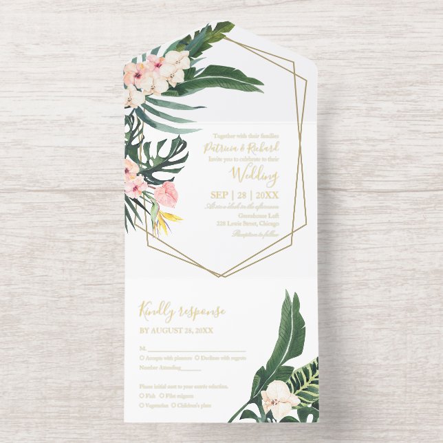 Tout En Un Invitation Palm Leaves Hibiscus Tropical Geometric Wedding (Intérieur)