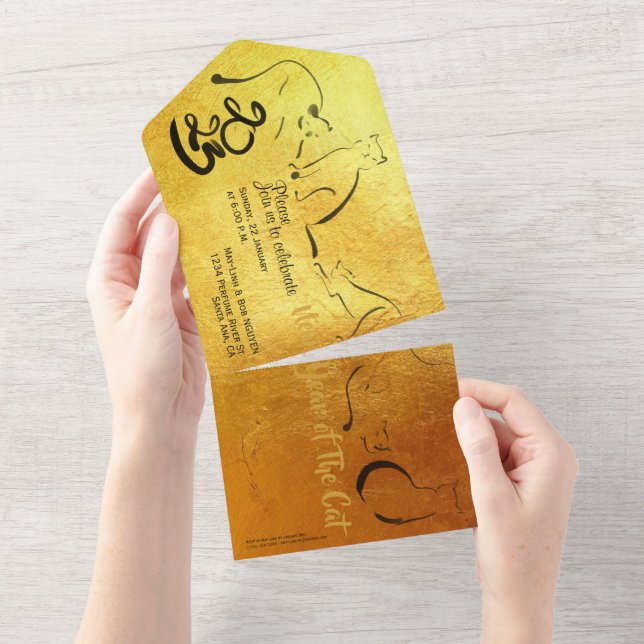 Tout En Un Invitation Peinture Originale Chat Nouvel An Vietn (Déchirure)