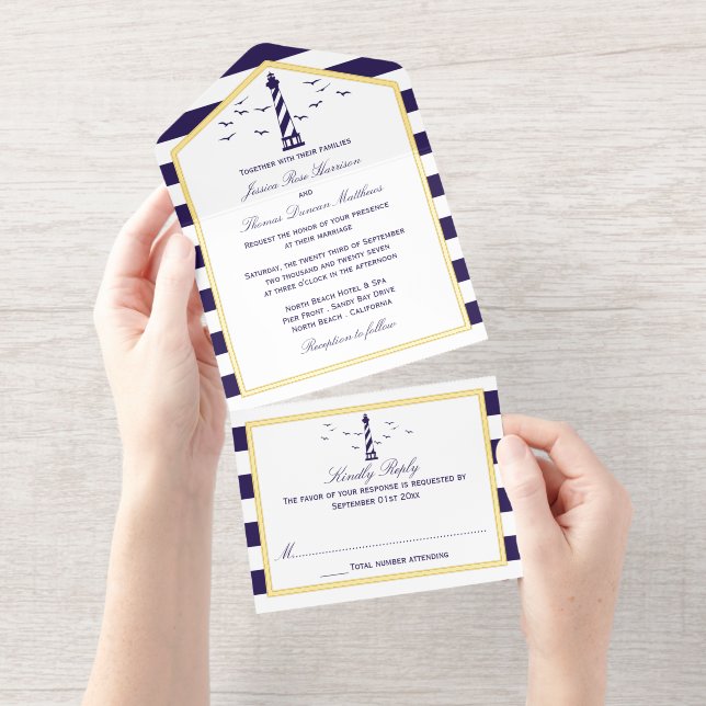 Tout En Un Invitation Phare nautique Mariage de bande de la marine Real  (Détachable)