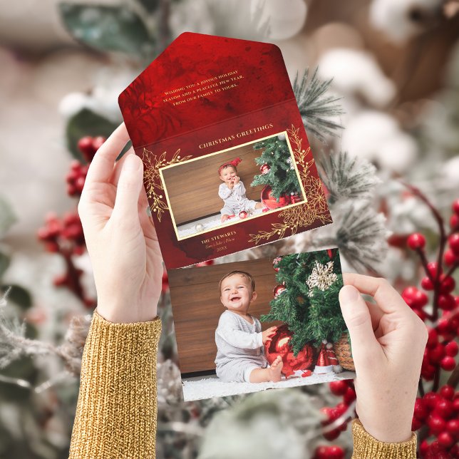 Tout En Un Invitation Photo botanique de Noël élégant avec feuille d'or (Créateur téléchargé)