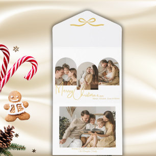 Tout En Un Invitation Photo de famille Or Blanc Élégant Noël Arche Nœud