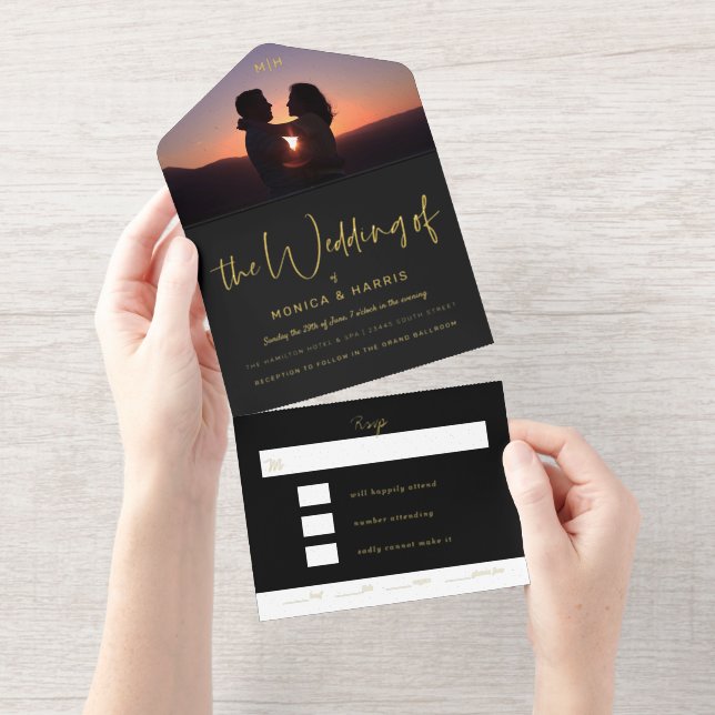 Tout En Un Invitation Photo Flap Black Wedding Foil (Détachable)