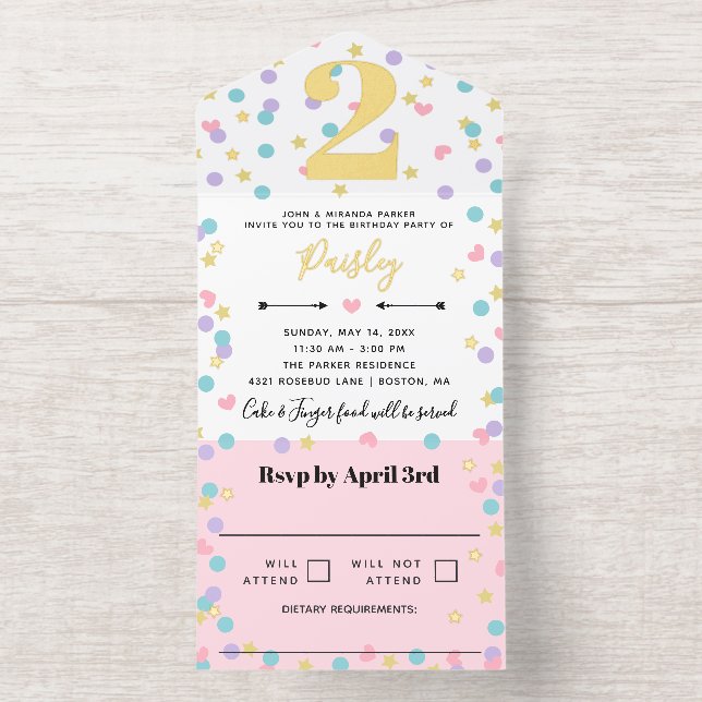 Tout En Un Invitation Pink Star Heart Dot Confetti Toddler Kid Birthday (Intérieur)