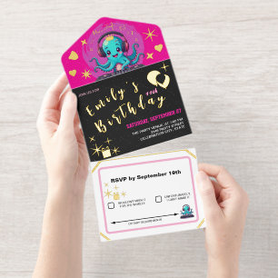 Tout En Un Invitation Poulpe DJ souriant, musique heureuse pour fête / a
