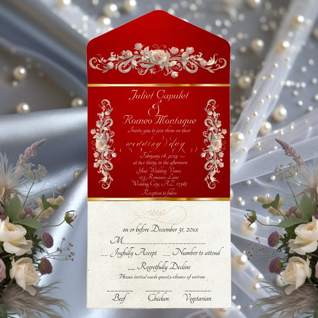 Tout En Un Invitation Rose Arc Romantique Bordures & Calligraphie - Roug (Créateur téléchargé)