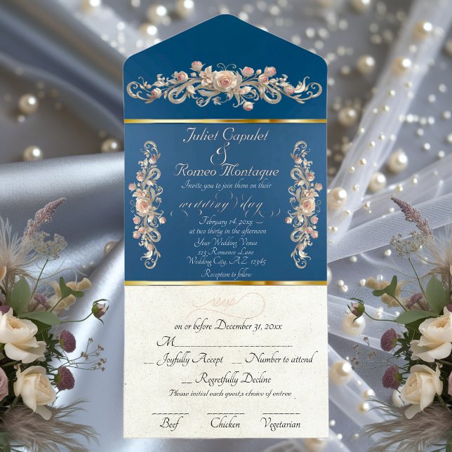 Tout En Un Invitation Rose Arc Romantique & Calligraphie - Bleu (Créateur téléchargé)