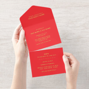 Tout En Un Invitation Rouge Blanc   Minimaliste Moderne Élégant Feuille 