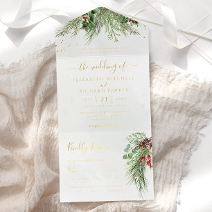 Tout En Un Invitation Rustique hiver verdure Berries Pine Cone Mariage
