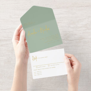 Tout En Un Invitation Sage Green écriture manuscrite moderne Mariage de