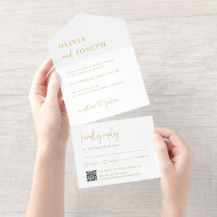 Tout En Un Invitation Simple moderne et minimaliste QR Code Mariage Or